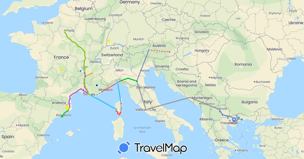 TravelMap itinerary: driving, bus, plane, cycling, train, hiking, boat, hitchhiking, electric vehicle, vélo dans la neige in Austria, Germany, Spain, France, Greece, Italy, Macedonia, Mauritius (Africa, Europe)