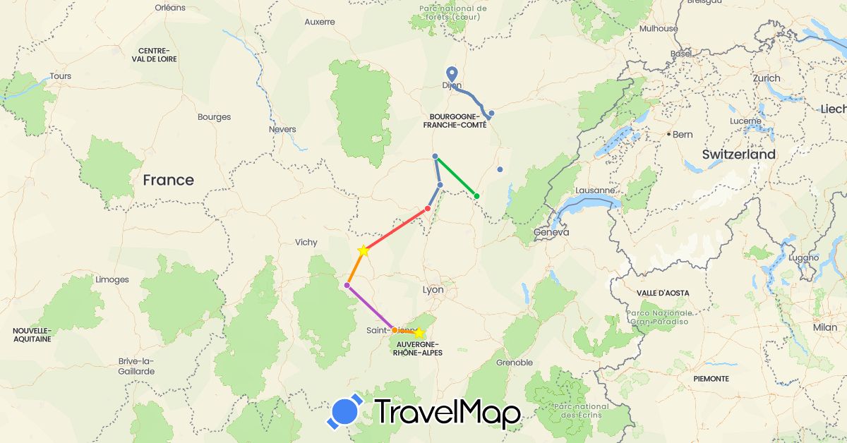 TravelMap itinerary: bus, cycling, train, hiking, hitchhiking in France (Europe)