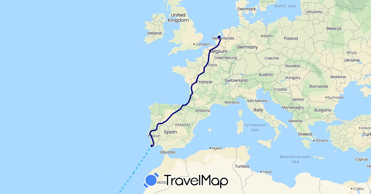 TravelMap itinerary: driving, boat in French Guiana, Netherlands, Portugal (Europe, South America)