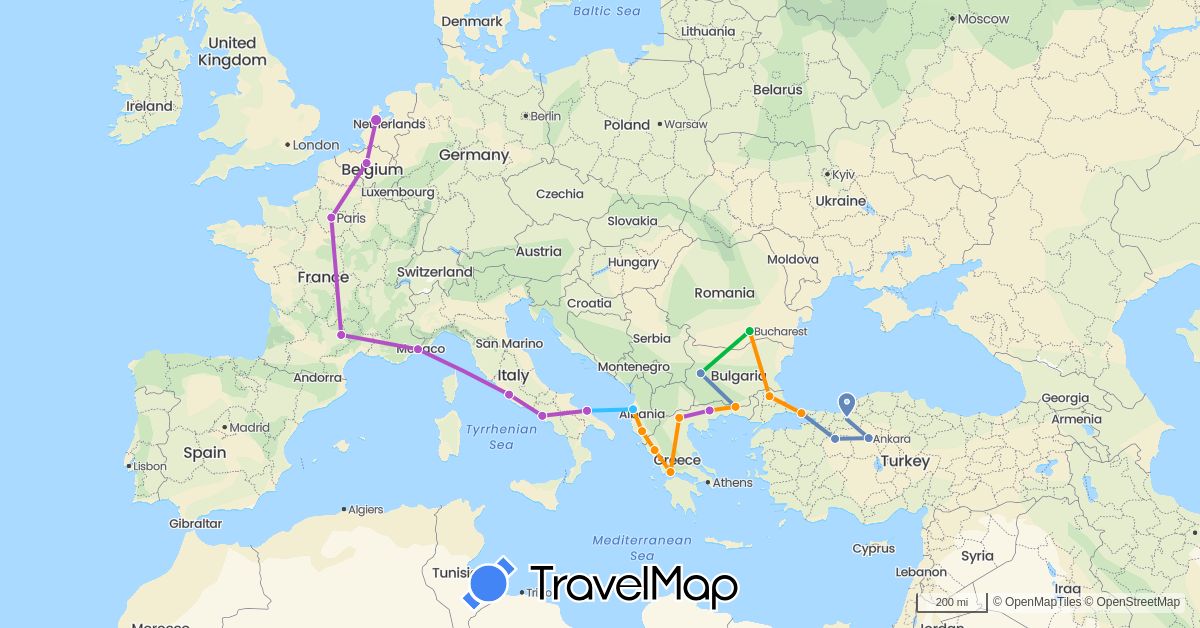 TravelMap itinerary: bus, cycling, train, boat, hitchhiking in Albania, Belgium, Bulgaria, France, Greece, Italy, Netherlands, Romania, Turkey (Asia, Europe)