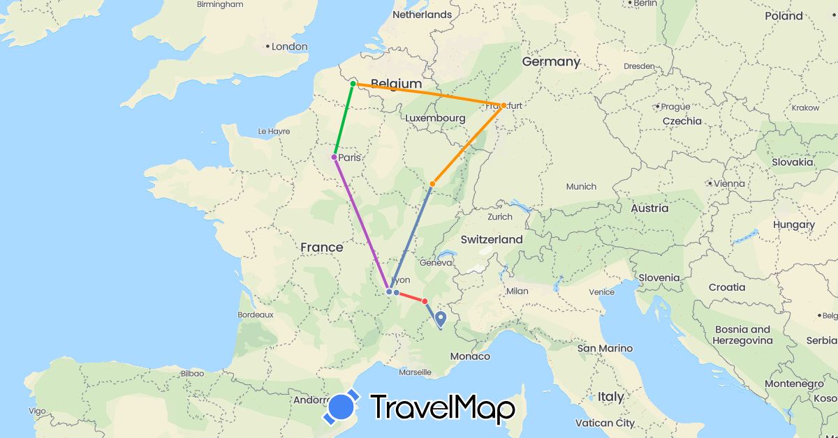TravelMap itinerary: driving, bus, cycling, train, hiking, hitchhiking in Germany, France (Europe)