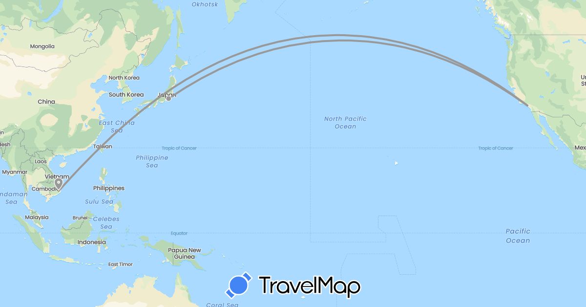 TravelMap itinerary: driving, plane in Japan, United States, Vietnam (Asia, North America)