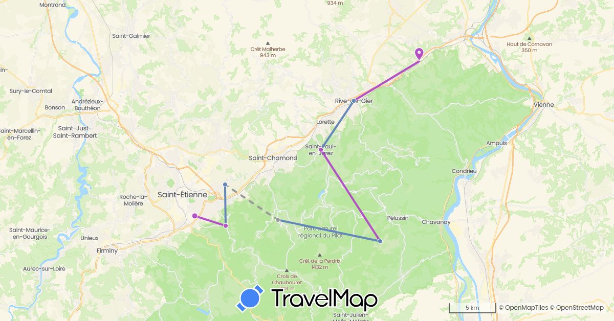 TravelMap itinerary: plane, cycling, train, hiking in France (Europe)